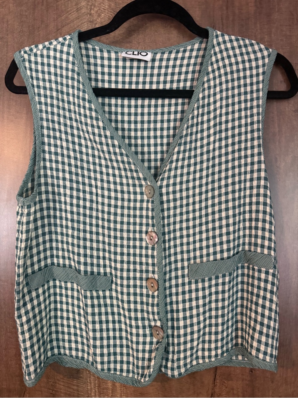 Vintage Clio Green and White Gingham Button-Front Vest